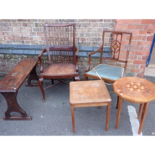 643 - A MAHOGANY TOPPED BENCH

99cm long, two Edwardian mahogany armchairs, and two parquetry occasional t... 