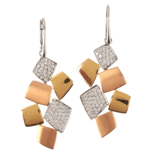 102 - A PAIR OF VINTAGE TRI-COLOUR DIAMOND EARRINGS

in 18ct yellow, rose and white gold, circa 1970s, in ... 