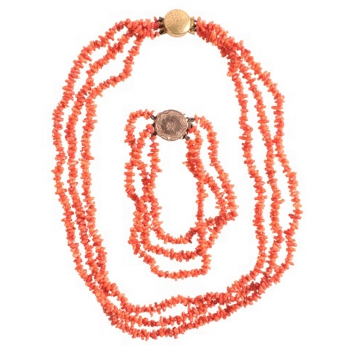 180 - A CORAL NECKLACE AND BRACELET SUITE

the necklace comprising three rows of coral beads, to a tongue ... 