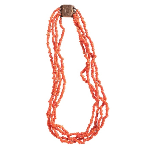 208 - A CORAL NECKLACE

comprising four rows of coral beads, secured with a 9ct gold tongue and groove cla... 