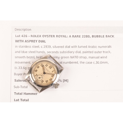 267 - ROLEX OYSTER ROYAL: A RARE 2280, WITH ASPREY DIAL

in stainless steel, the silvered dial with lumed ... 