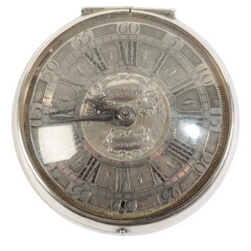 289 - TOMPION AND BANGER: A SILVER PAIR CASE POCKET WATCH

with key wind movement signed 'Tho. Tompion, Lo... 