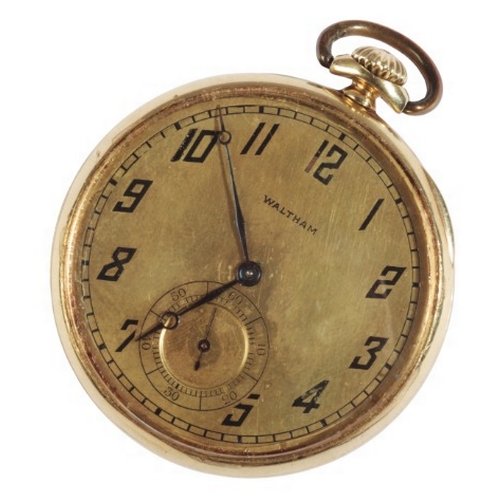 293 - WALTHAM: A GENTLEMAN'S 14CT GOLD OPEN FACE POCKET WATCH

with keyless wind movement, the gold dial w... 