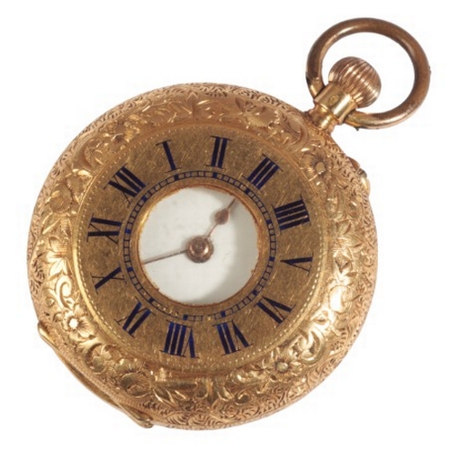 296 - AN 18CT GOLD HALF HUNTER POCKET WATCH

with keyless wind movement, the white enamel dial with gold h... 