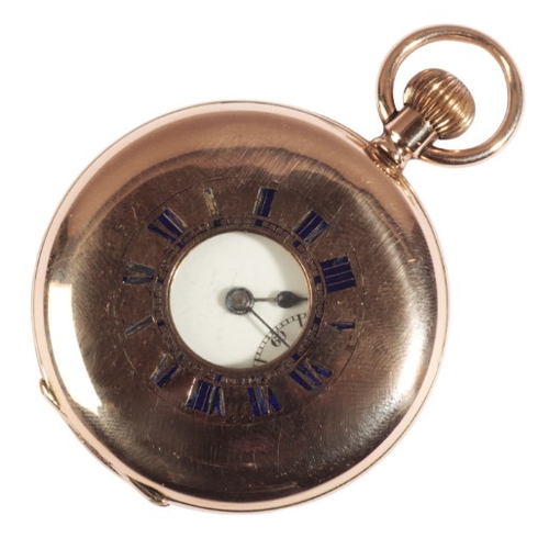 299 - A GENTLEMAN'S 9CT GOLD HALF HUNTER POCKET WATCH

with keyless wind movement, the white enamel dial w... 