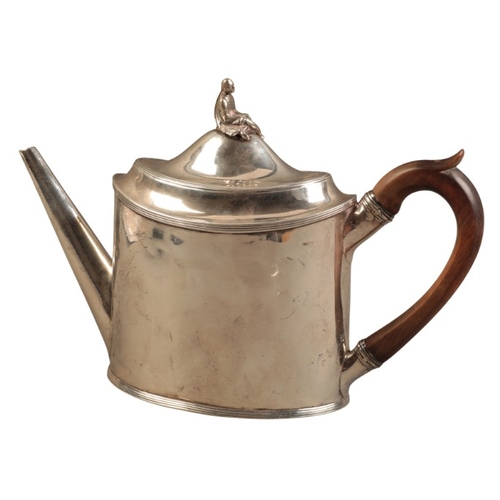 412 - A GEORGE III SILVER TEAPOT

by Peter & Ann Bateman, London 1795, of classical oval shape with reeded... 