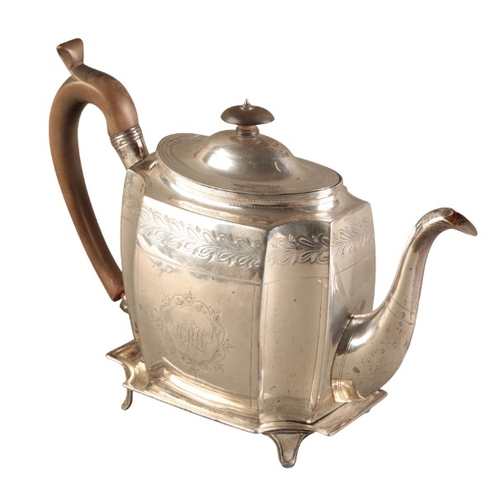 523 - A GEORGE III SILVER TEAPOT AND MATCHING STAND

probably by Crispin Fuller, London 1798, the teapot a... 