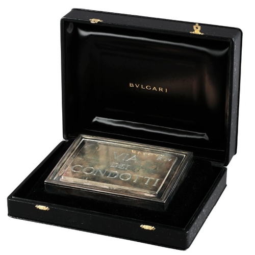 528 - A BVLGARI SILVER 'VIA DEI CONDOTTI' PAPER WEIGHT

of plain rectangular design with engraved letterin... 