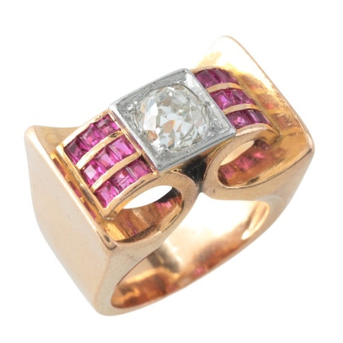 62 - A FRENCH RETRO RUBY AND DIAMOND RING

in 18ct gold, set with an old mine cut diamond of c.1.03 carat... 