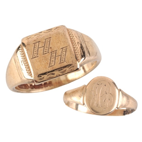 79 - TWO 9CT GOLD SIGNET RINGS

including one with 'HH' engraved to the head, full British hallmarks, siz... 