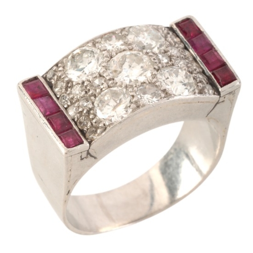 90 - A RETRO RUBY AND DIAMOND RING

in platinum and 18ct white gold, circa 1950s, pavé-set with old Europ... 