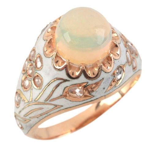 91 - AN OPAL AND DIAMOND RING

in 14ct gold, set with an opal cabochon of c.1.98 carats, no assay marks, ... 