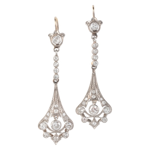 99 - A PAIR OF ANTIQUE DIAMOND DROP EARRINGS

in 18ct gold and platinum, each comprising a diamond stud, ... 