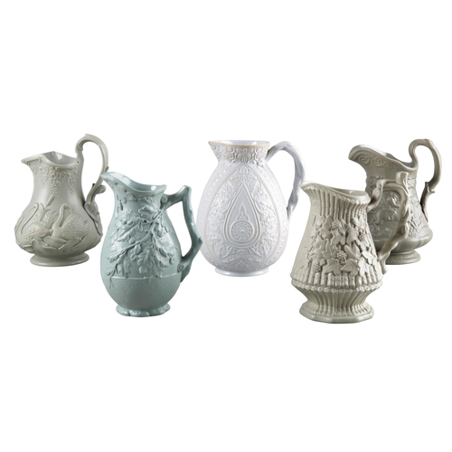 65 - A STONEWARE JUG BY RIDGWAY & CO.

19th century, moulded in relief with scenes from the poems of Robe... 