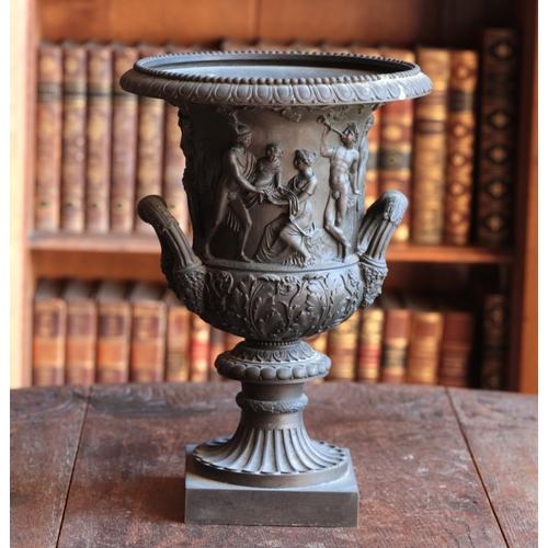 180 - A NEOCLASSICAL PATINATED BRONZE VASE

of bell-shaped krater form, the body decorated in relief with ... 