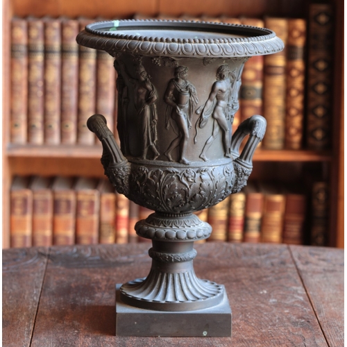 180 - A NEOCLASSICAL PATINATED BRONZE VASE

of bell-shaped krater form, the body decorated in relief with ... 