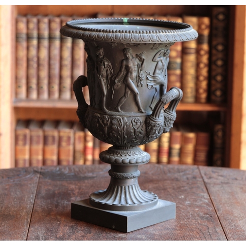 180 - A NEOCLASSICAL PATINATED BRONZE VASE

of bell-shaped krater form, the body decorated in relief with ... 
