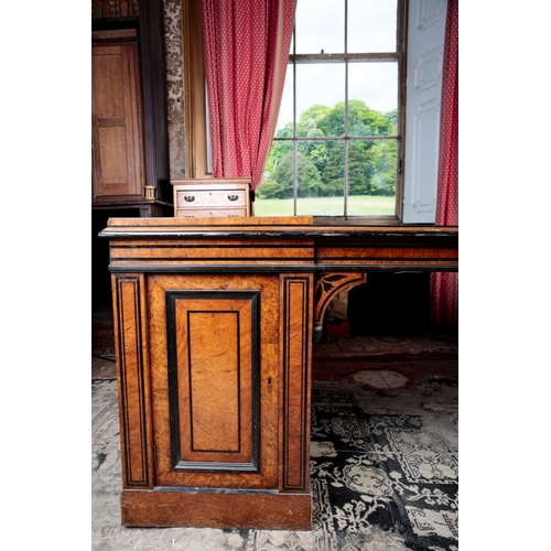 23 - AN IMPORTANT REGENCY BURR OAK AND EBONY STRUNG LIBRARY PEDESTAL DESK BY GEORGE BULLOCK

the rectangu... 