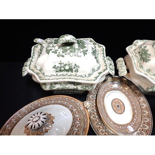 18 - A GROUP OF GRECIAN BORDER TUREENS AND STANDS

c1870s,  with  a pair of Mason's Fruit Basket pattern ... 