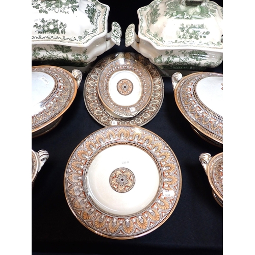 18 - A GROUP OF GRECIAN BORDER TUREENS AND STANDS

c1870s,  with  a pair of Mason's Fruit Basket pattern ... 