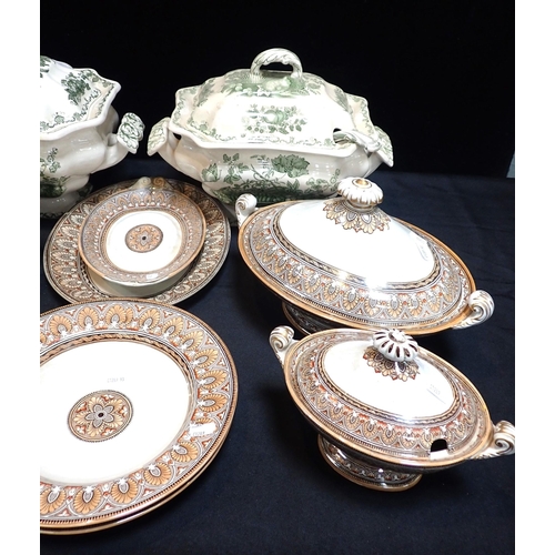 18 - A GROUP OF GRECIAN BORDER TUREENS AND STANDS

c1870s,  with  a pair of Mason's Fruit Basket pattern ... 