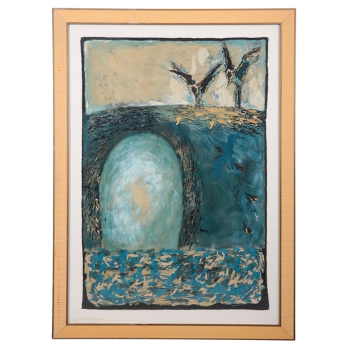 872 - *NICOLA HENLEY (CONTEMPORARY) Abstract marine scene

with birds in flight, mixed media, 114cm x 78cm
