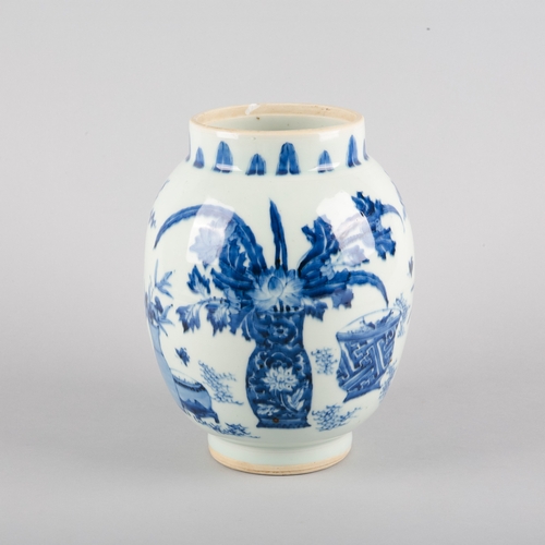 68 - A CHINESE PORCELAIN BLUE AND WHITE JAR

probably late Ming/early Qing dynasty, decorated with vases ... 