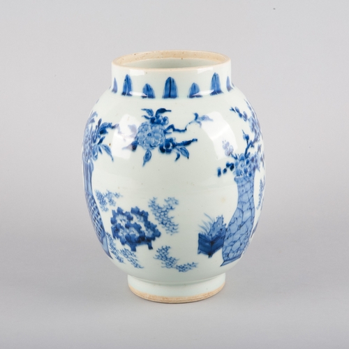 68 - A CHINESE PORCELAIN BLUE AND WHITE JAR

probably late Ming/early Qing dynasty, decorated with vases ... 