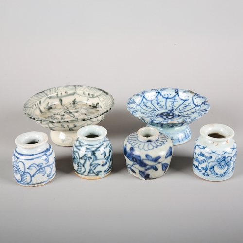 93 - FOUR CHINESE BLUE AND WHITE PORCELAIN INK POTS

likely 19th century, the largest 5cm high; together ... 