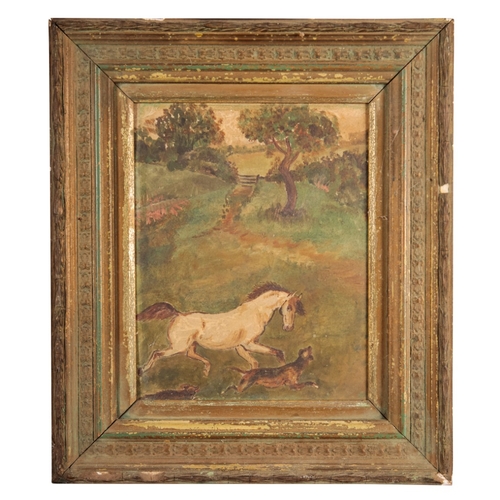 18 - H. WICKS (20TH CENTURY) A galloping horse and dogs

depicted within a pastoral landscape, oil on boa... 