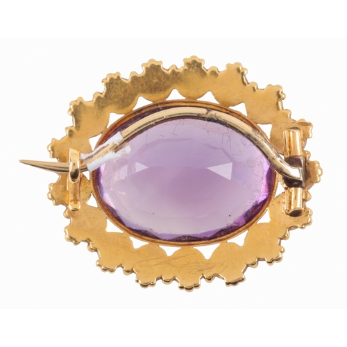 172 - A VICTORIAN AMETHYST AND SPLIT PEARL BROOCH

the oval mixed cut amethyst c. 19mm x 15mm, surrounded ... 