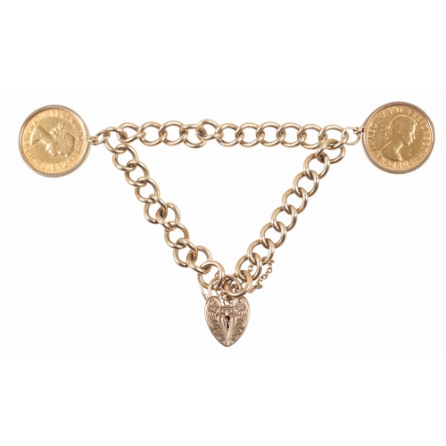 195 - A 9CT GOLD CURB LINK BRACELET WITH TWO MOUNTED FULL SOVEREIGNS

both Queen Elizabeth II, 1967, in so... 