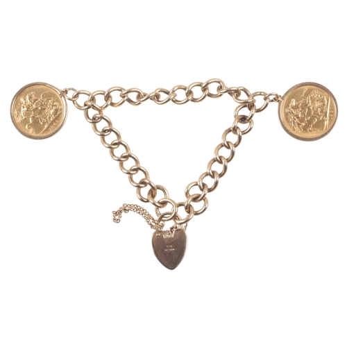 195 - A 9CT GOLD CURB LINK BRACELET WITH TWO MOUNTED FULL SOVEREIGNS

both Queen Elizabeth II, 1967, in so... 