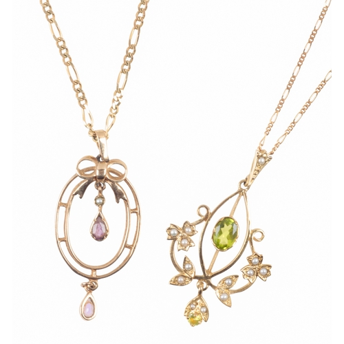 252 - TWO EDWARDIAN STYLE PENDANT NECKLACES

one set with peridot and seed pearls, the other with amethyst... 