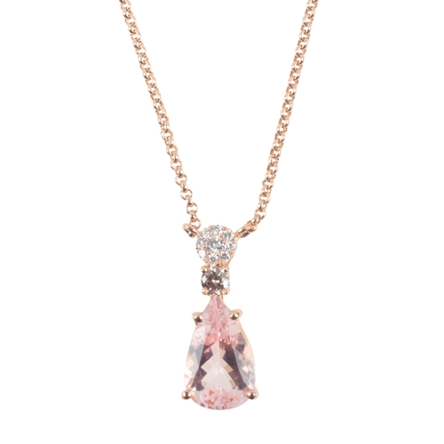 263 - A MORGANITE AND DIAMOND PENDANT NECKLACE

the pear shaped morganite, c 2.50 carats, with double drop... 