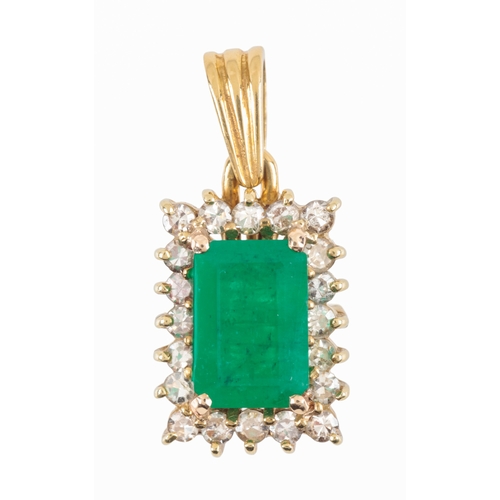 277 - AN EMERALD AND DIAMOND PENDANT

the emerald 8mm x 5mm, within a border of twenty brilliant-cut diamo... 