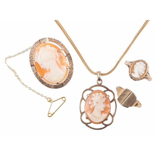 291 - A COLLECTION OF CAMEO JEWELLERY

the brooch, cameo ring, signet ring, and pendant all hallmarked 9ct... 