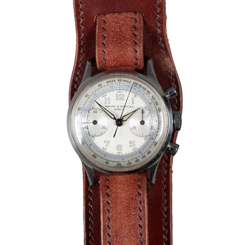 503 - BAUME & MERCIER: A STAINLESS STEEL CHRONOGRAPH WRISTWATCH

with manual wind movement, silver dial, d... 
