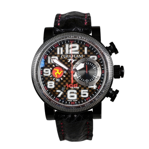 525 - GRAHAM TT LIMTED EDITION: A STEEL BLACK WRISTWATCH

with automatic movement, black and gold checkere... 