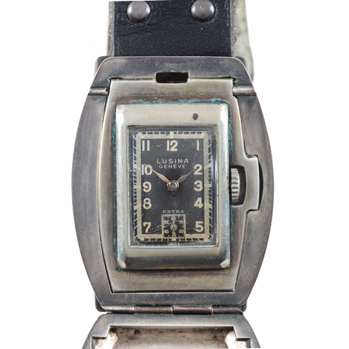535 - LAUSINA: A RARE GERMAN SILVER MILITARY WRISTWATCH

with manual wind movement, the black dial with su... 