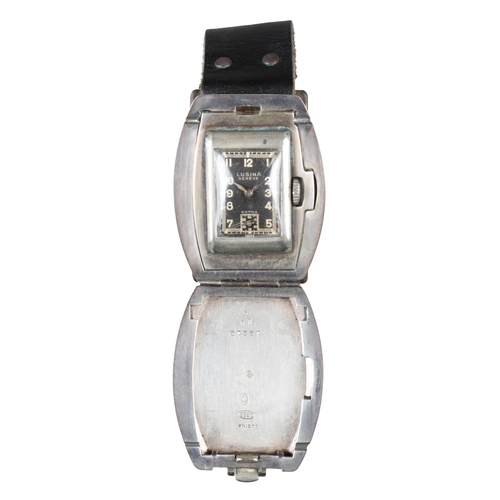 535 - LAUSINA: A RARE GERMAN SILVER MILITARY WRISTWATCH

with manual wind movement, the black dial with su... 
