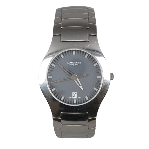 539 - LONGINES: A STAINLESS STEEL BRACELET WATCH

with quartz movement, grey dial, luminous baton numerals... 