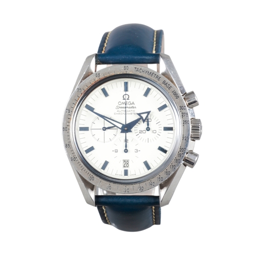 546 - OMEGA SPEEDMASTER: A STAINLESS STEEL CHRONOGRAPH WRISTWATCH

with automatic movement, white dial, do... 