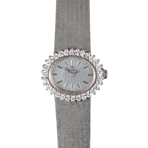 547 - ONSA: A 14CT WHITE GOLD BRACELET WATCH

in a Harrods of London leather watch box, with manual wind m... 