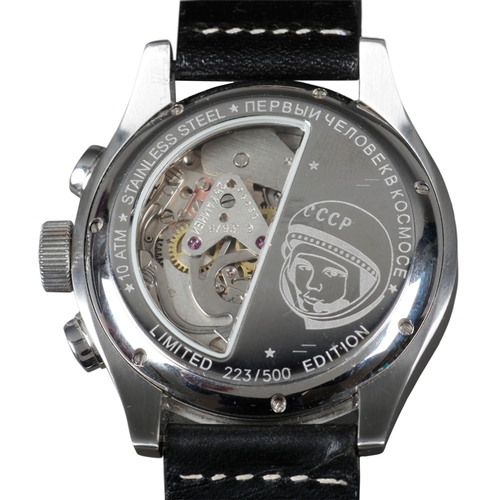 552 - POLJOT INTERNATIONAL: A CHRONOGRAPH STAINLESS STEEL WRISTWATCH

with automatic movement, black dial,... 