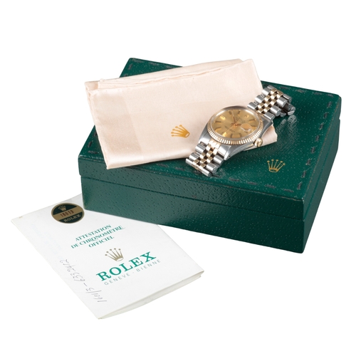 560 - ROLEX OYSTER PERPETUAL DATEJUST: A STEEL AND GOLD BRACELET WATCH

with automatic movement, gold dial... 