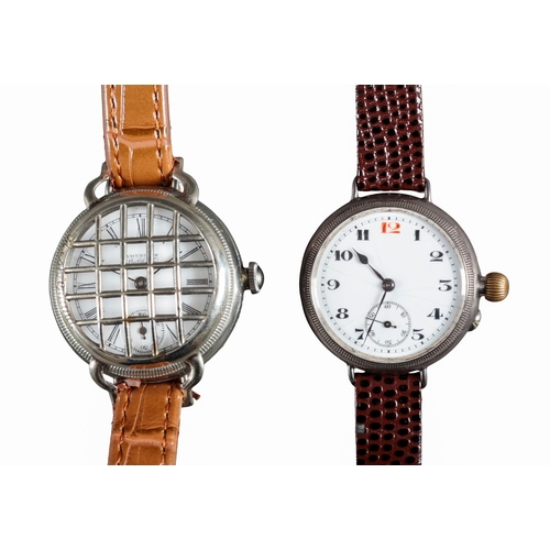 576 - WALTHAM: A NICKEL-PLATED MILITARY TRENCH WATCH

with manual wind movement, white dial, black Roman n... 