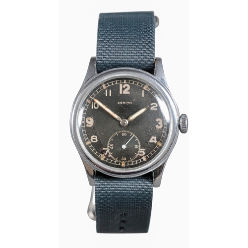 577 - ZENITH: A STAINLESS STEEL MILITARY WRISTWATCH

with manual wind movement, black dial, subsidiary sec... 