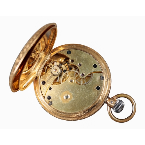 597 - HANHART & CO.: AN 18CT GOLD FULL HUNTER POCKET WATCH

with keyless wind movement, white enamel dial,... 