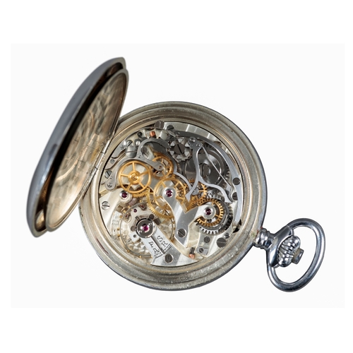 602 - MINERVA: A NICKEL-PLATED OPEN FACE CHRONOGRAPH POCKET WATCH

with keyless wind movement, silver dial... 
